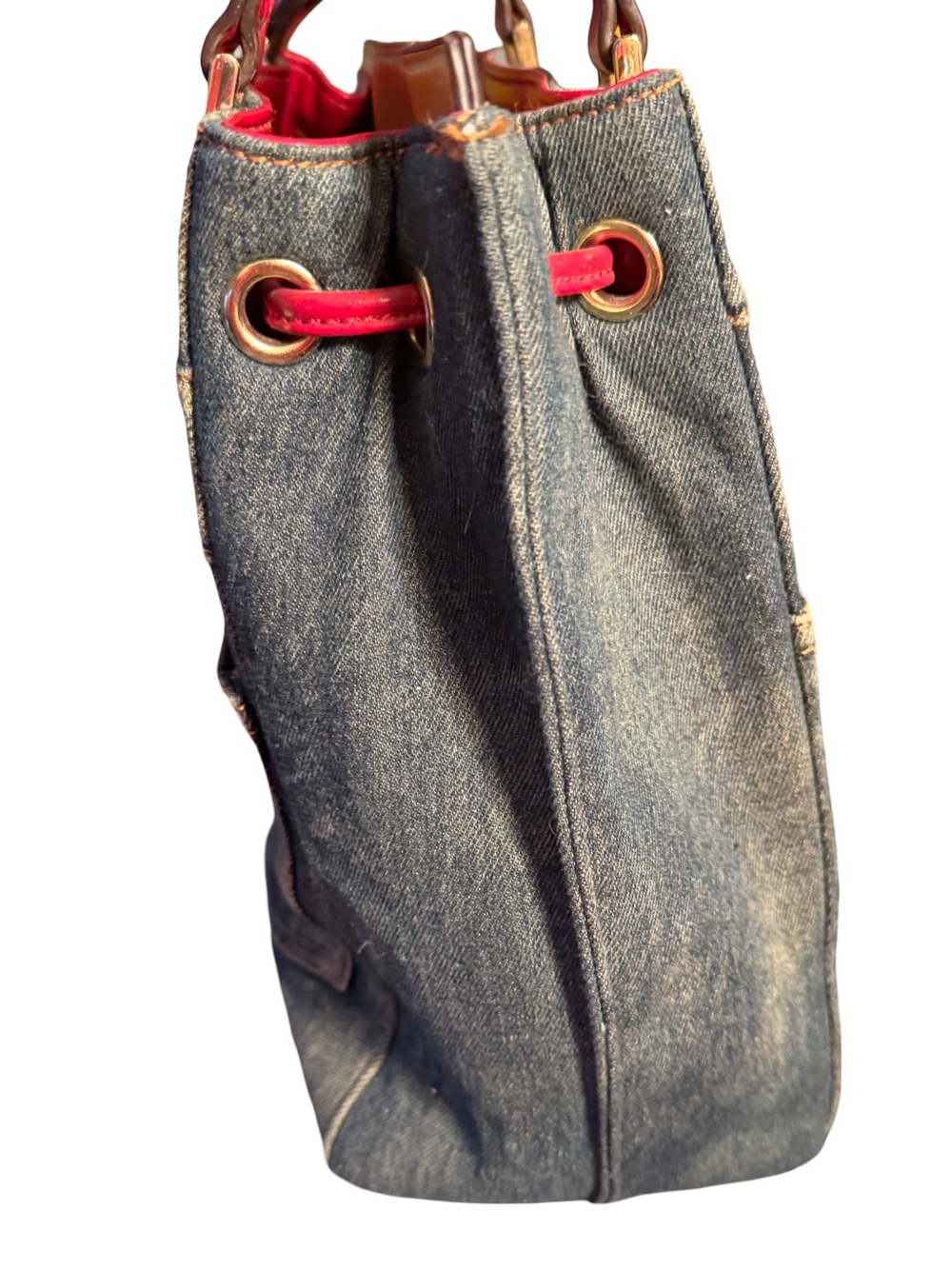 Nicole Lee Pre-Loved Fun Denim Retro Bling Pop-Art Tote with Red Handles (P248) - Picture 6 of 12